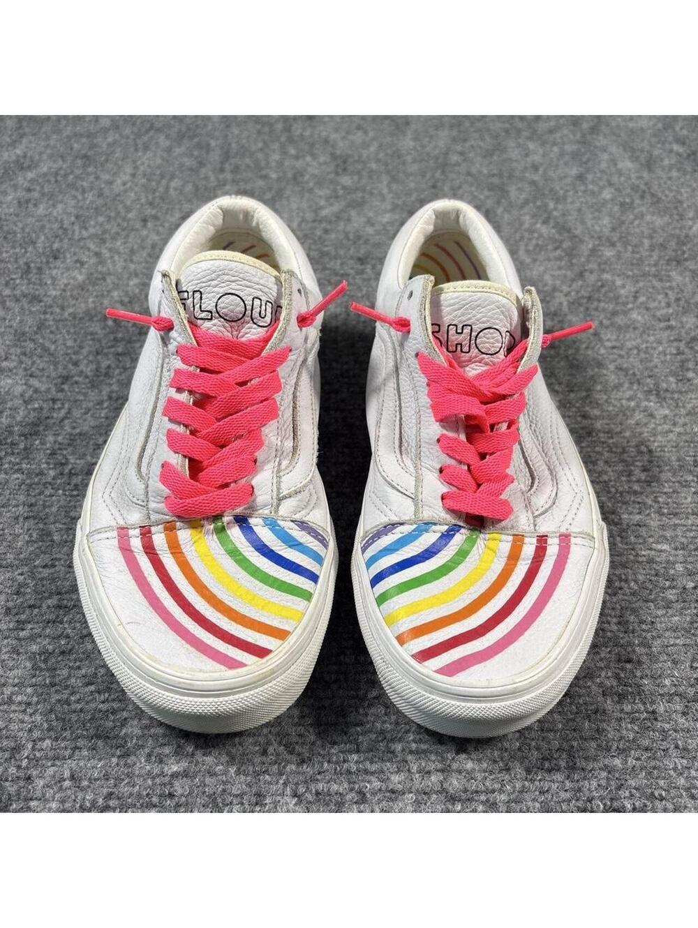 White Leather Vans Flour Shop Off The Wall sneakers with rainbow stripes